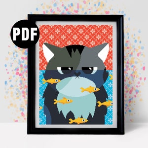 Patrón de punto de cruz de gato negro para principiantes - Bordado - Punto de aguja - Idea de regalo para amantes de los gatos - Decoración de baño - PT-939