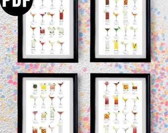 May include: Four framed art prints showcasing cocktail illustrations. Each print, in a black frame, presents a grid of cocktail glasses with colourful garnishes. The prints are set against a white textured wall with colourful confetti.