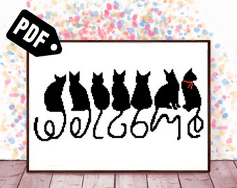 Black cat Cross stitch pattern - for beginners - Embroidery Designs - Needlepoint Kits - Cat Silhouette - Modern Decor - PT-477