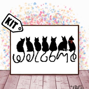 初心者向けクロスステッチキット - 黒猫のクロスステッチパターン - 刺繍デザイン - ニードルポイントキット - シルエット - 動物 - モダン装飾 - 簡単 - K-477