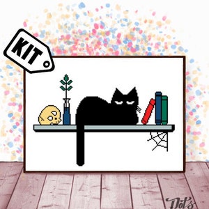 初心者向け猫クロスステッチキット - ニードルポイント - 刺繍 - 黒猫パターン - シルエット - 動物 - モダン装飾 - 黒と白 - K-340
