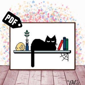 Black cat cross stitch pattern for beginners - Embroidery - Needlepoint - pdf Instant Download - PT-340