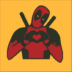 May include: A red and black superhero character with a mask making a heart shape with their hands.