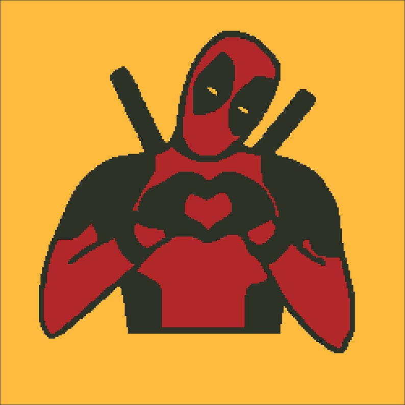 May include: A red and black superhero character with a mask making a heart shape with their hands.