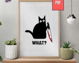 May include: Framed print featuring a black cat holding a bloody knife, with the word "WHAT?" below. The image has a PDF icon in the upper right corner, and the Dots & Spots logo in the upper left corner.