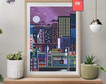 Patrón PDF de punto de cruz "Noche de neón en la ciudad" — Arte mural urbano pixelado — Descarga digital instantánea — Gráfico de punto de cruz contado - PT-496