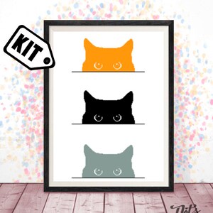 Kit de point de croix chat pour débutant - broderie - motif chat noir - silhouette - animal - décoration moderne - noir et blanc-K-416