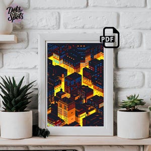 Night City-kruissteekpatroon: cyberpunk skyline moderne isometrische stad borduurwerk (pdf-download) - P-1155