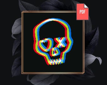 Glitch Skull cross stitch pattern for beginners - geometric wall art- Modern Pixel Art Embroidery - Needlepoint Kits - PT-613
