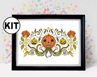Autumn Pumpkin Cross Stitch Kit: Halloween Harvest Theme, Beginner Needlepoint - K-1063