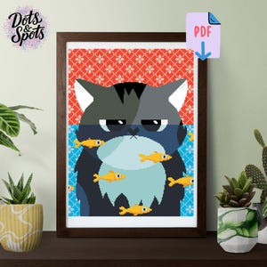 Modèle de point de croix chat noir : chat grincheux avec poisson (téléchargement numérique) PT-939