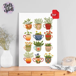 May include: A framed print showing a series of decorative teacups, each holding different plants and flowers. The teacups are adorned with diverse patterns and designs. A PDF icon is in the top right corner, and the text "Dots & Spots" is in the top left.