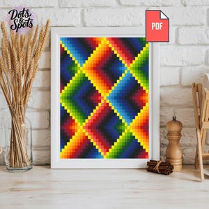 Geometric Cross Stitch Pattern: Rainbow Gradient Modern Wall Art Colorful Diamond Bargello (PDF Download) P-1116