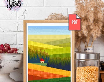 Forest Landscape Cross Stitch Pattern: Countryside Cabin Beginner Needlepoint (PDF Download) P 1092