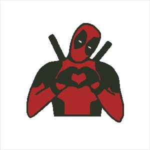 May include: A red and black superhero character making a heart shape with their hands. The character has a mask with a red and black design.