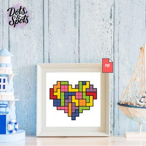 Puzzle Heart Cross Stitch PDF | Retro Game Wall Art Pattern Chart PT-603