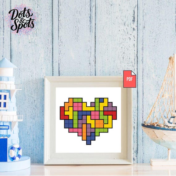 Puzzle Heart Cross Stitch PDF | Retro Game Wall Art Pattern Chart
