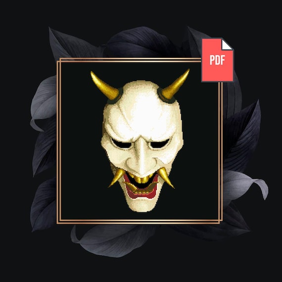 鬼レア35枚限定 Repeat Pattern Fukuoka Kumamoto Hannya Mask Cross Stitch Pattern: Japanese Folklore Embroidery