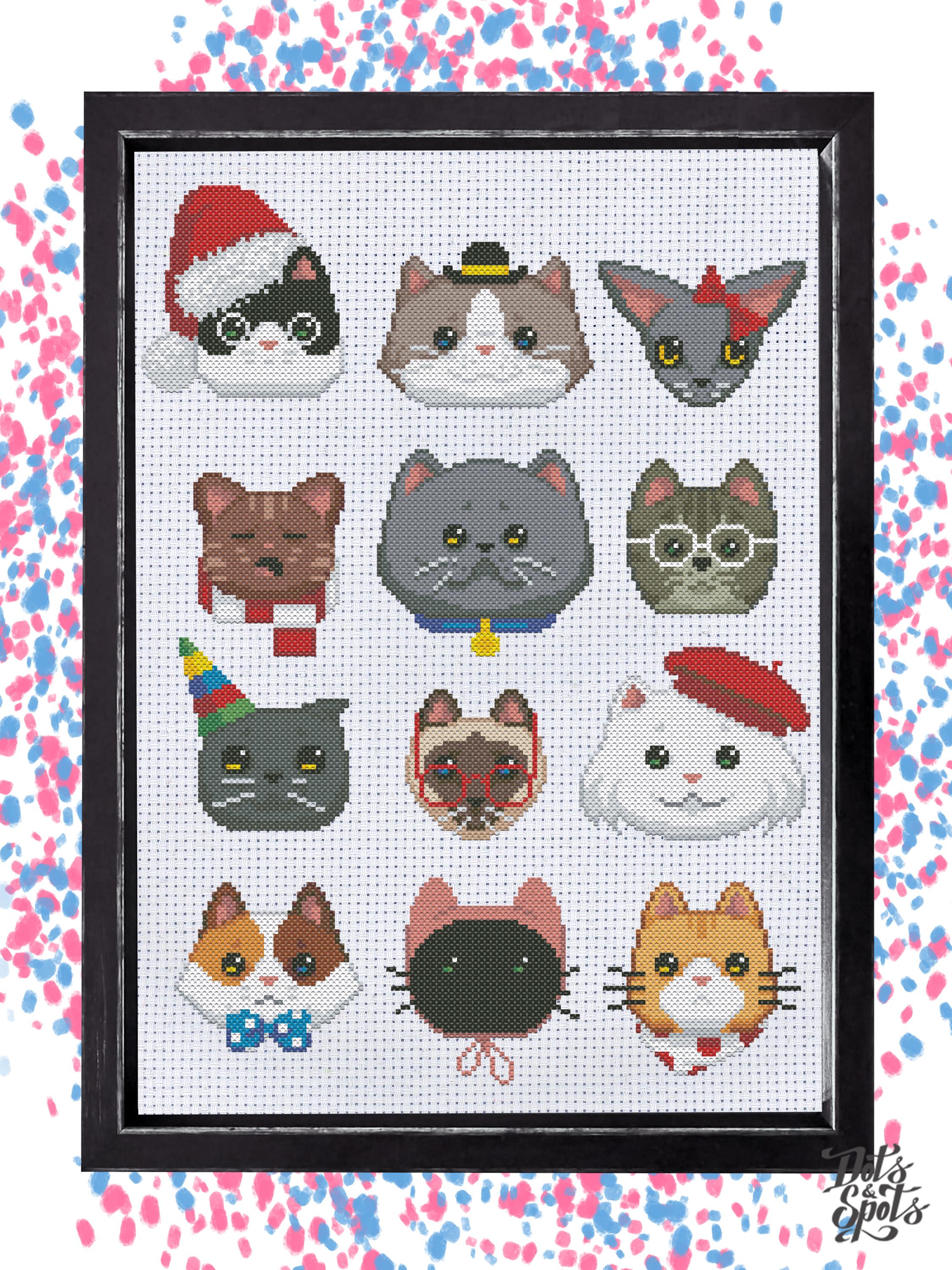 猫の顔クロスステッチキット：初心者向け刺繍、ニードルポイント動物柄