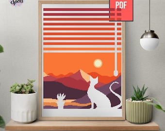Black cat cross stitch pattern for beginners - Cat Sunset Needlepoint - Embroidery - Silhouette - animal - Modern Decor - PT-686