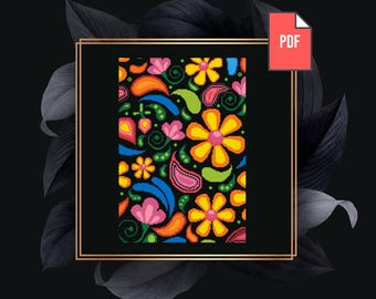 Plants cross stitch pattern - 70s Flower Power counted PDF chart for beginners - Embroidery-Needlepoint - Colorful Retro Chart - PT-674