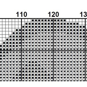 May include: Black and white cross stitch pattern with a design of a heart shape with a curved top and a straight bottom. The pattern is on a grid with numbers 100, 110, 120, and 130 along the top.