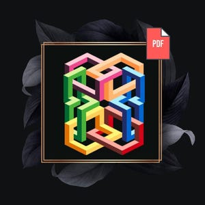 Könnte beinhalten: Buntes Pixelkunst-Illustration eines unmöglichen Würfels mit ineinandergreifenden geometrischen Formen in Grün, Rosa, Gelb, Blau, Orange und Rot. Das Design ist in einem goldenen Rahmen gehalten, mit einem PDF-Symbol oben rechts, vor einem dunklen floralen Hintergrund.