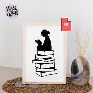 Woman Reading Book Cross Stitch Pattern PDF - Coffee Cup Silhouette Embroidery - Book Lover Gift - Cozy Reading Nook Wall Art - PT-250