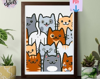 Cat Cross Stitch Pattern: Kawaii Cat Beginner Embroidery (PDF Download) - Wall Art for Cat Lovers - PT-951