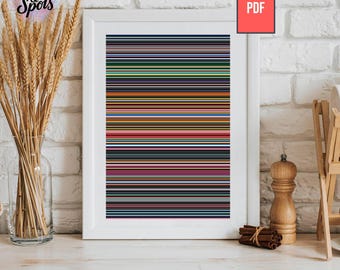 May include: A framed print with a colorful striped design. The artwork features horizontal lines in various colors, including blue, green, orange, and brown. The frame is white, and the print is displayed on a wooden surface. The image also includes the text "Dots & Spots".