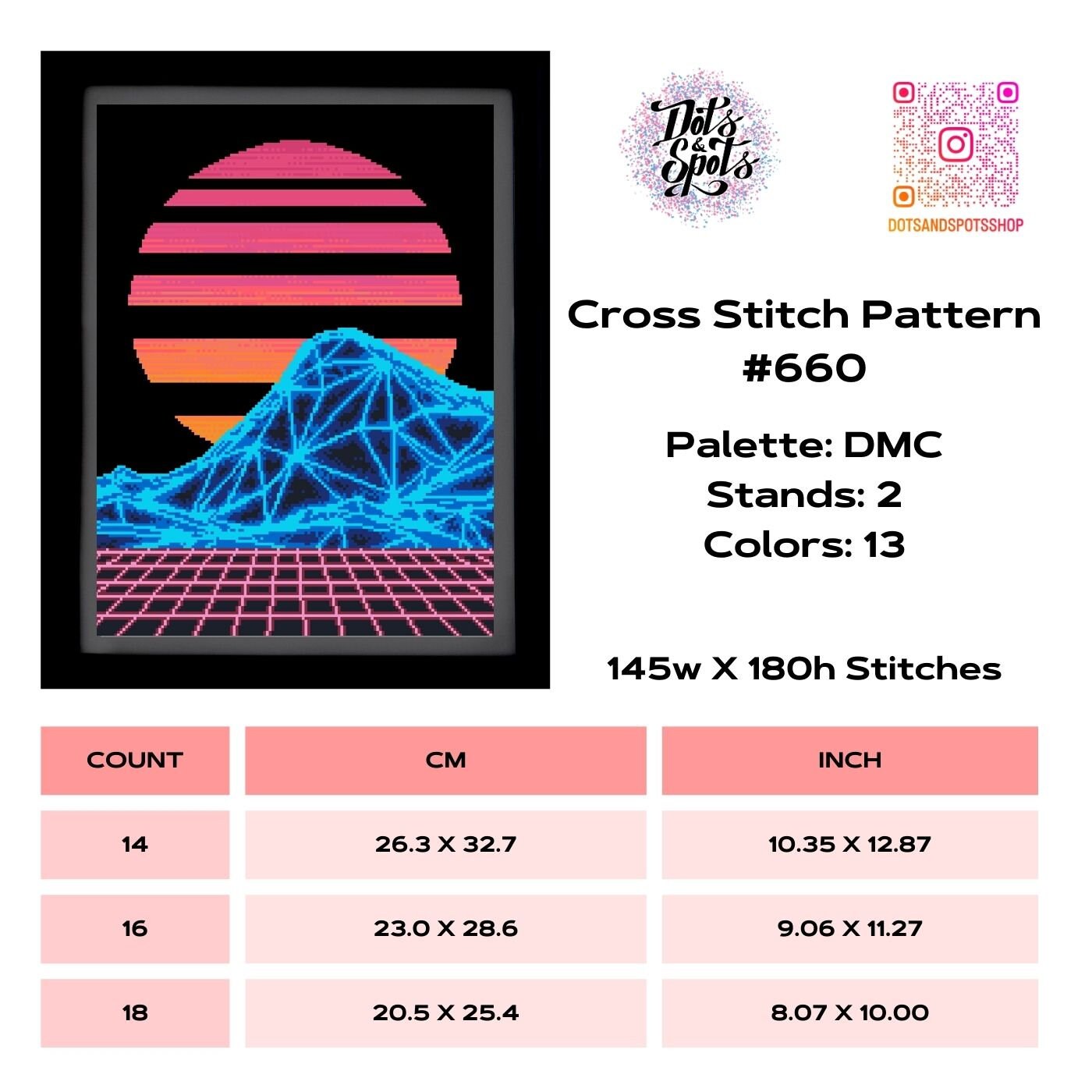 Retro Synthwave Sunset Cross Stitch Pattern PDF | 80s Neon