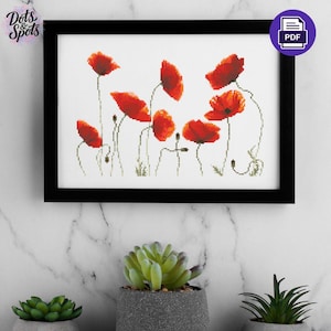Patrón de punto de cruz Papavers: Amapola roja bordada, flor silvestre, arte botánico, arte minimalista en bastidor (descarga en PDF) P-1169
