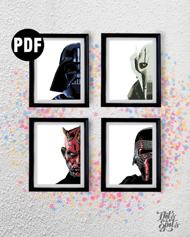 May include: Four framed images of Star Wars characters. The images are in black and white, with the characters' faces partially visible. The characters are Darth Vader, General Grievous, Darth Maul, and Kylo Ren.