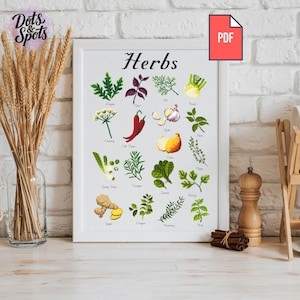 Può includere: Una stampa incorniciata intitolata "Herbs" con illustrazioni di varie erbe e spezie, tra cui coriandolo, basilico, aglio e zenzero. Un'icona PDF si trova nell'angolo in alto a destra. La stampa è esposta su un muro di mattoni bianchi.