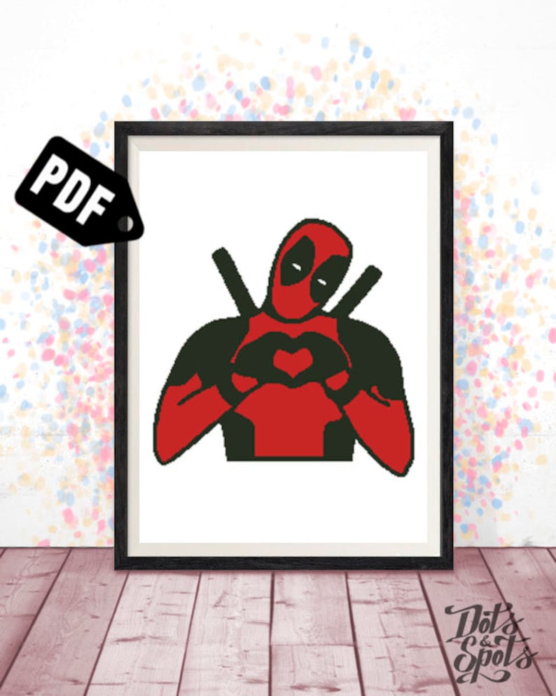 May include: A black and red illustration of Deadpool making a heart shape with his hands. The image is in a white frame with a black border.