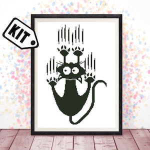 初心者向けクロスステッチキット - ニードルポイント - 刺繍 - 黒猫柄 - シルエット - 動物 - モダン装飾 - 黒と白 - 簡単 - K-239