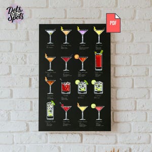 Padrão de Ponto Cruz de Coquetéis: Amostra de Bebidas Clássicas - Arte de Parede Moderna para Carrinho de Bar - Bordado de Martini - Decoração de Cozinha (Download em PDF) -P-1175