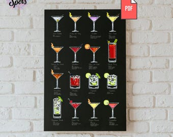 Cocktail Cross Stitch Pattern: Classic Drinks Sampler - Bar Cart Wall Art Modern - Martini Embroidery - Kitchen Decor (PDF Download) -P-1175