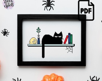 Könnte beinhalten: Ein schwarz gerahmtes Kreuzstichmuster mit einer Pixel-Art-schwarzen Katze, die auf einem Regal liegt, zusammen mit einem Totenkopf, einer Pflanze in einer blauen Vase und drei Büchern in Rot, Blau und Grün. Ein Spinnennetz hängt rechts.