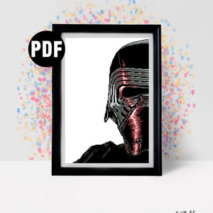 May include: A black and white pixel art cross stitch pattern of Kylo Ren from Star Wars. The pattern is in a black frame and includes the text "PDF".