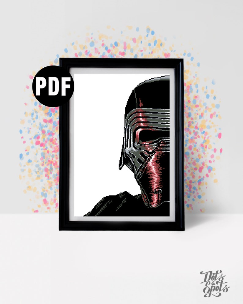 May include: A black and white pixel art cross stitch pattern of Kylo Ren from Star Wars. The pattern is in a black frame and includes the text "PDF".