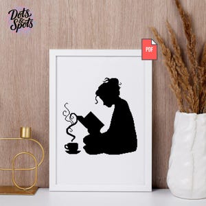 Girl Sitting on Books Cross Stitch Pattern PDF - Book Stack Silhouette Embroidery - Book Lover Wall Art - Reader Gift - PT-290