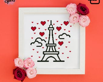 Patrón de punto de cruz de corazones con la Torre Eiffel en PDF - Gráfico de bordado de romance parisino - Arte mural de la ciudad del amor - Regalo de San Valentín - Descarga instantánea PT-265