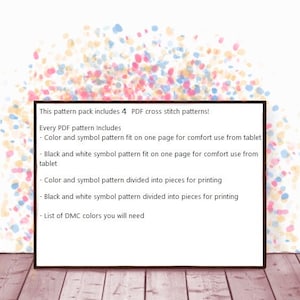 May include: A digital download for a cross stitch pattern pack. The text on the image says "This pattern pack includes 4 PDF cross stitch patterns! Every PDF pattern Includes - Color and symbol pattern fit on one page for comfort use from tablet - Black and white symbol pattern fit on one page for comfort use from tablet - Color and symbol pattern divided into pieces for printing - Black and white symbol pattern divided into pieces for printing - List of DMC colours you will need"