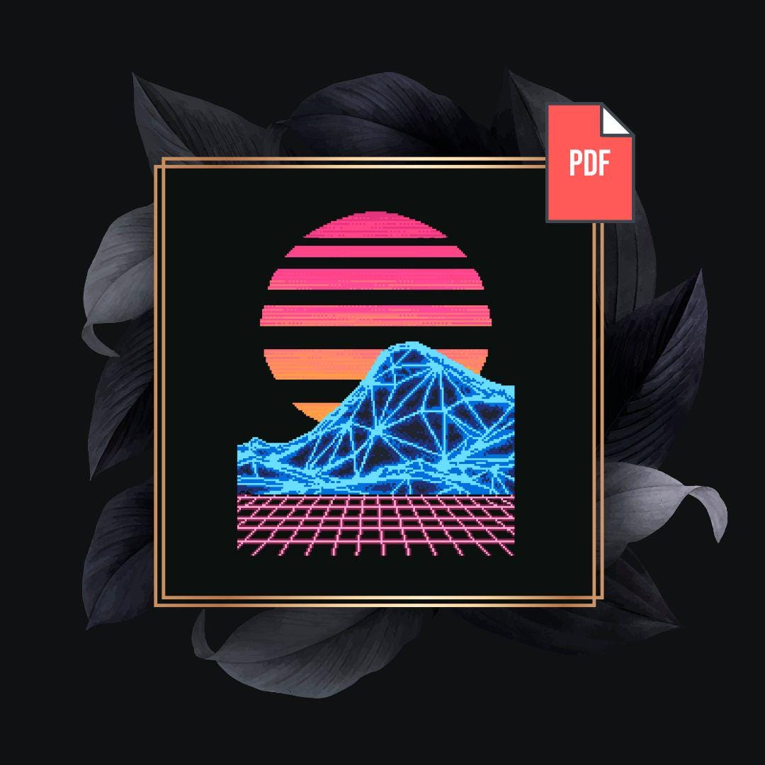 アート・デザイン・音楽 HITEN SZERINT Retro Synthwave Sunset Cross Stitch Pattern PDF | 80s Neon