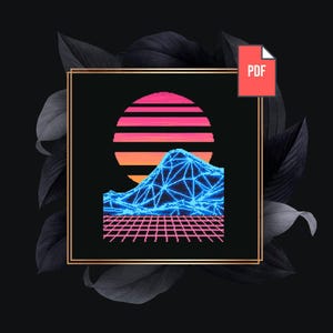 Retro Synthwave Sunset Cross Stitch Pattern: Vaporwave Landscape Modern Nature Landscape - Neon Mountains -  (PDF Download) P 660