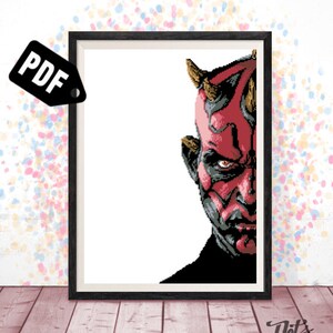 May include: A digital art print of Darth Maul, a character from Star Wars, with red skin and horns. His face is partially obscured, with only one eye visible. The background is white.