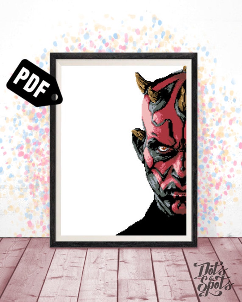 May include: A digital art print of Darth Maul, a character from Star Wars, with red skin and horns. His face is partially obscured, with only one eye visible. The background is white.