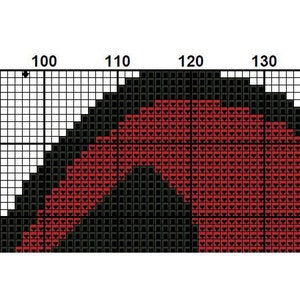 May include: A black and red cross stitch pattern with a half circle design. The pattern is made up of small squares.