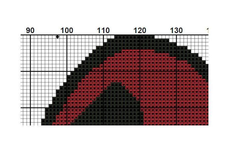 May include: A black and red cross stitch pattern with a half circle design. The pattern is made up of small squares.